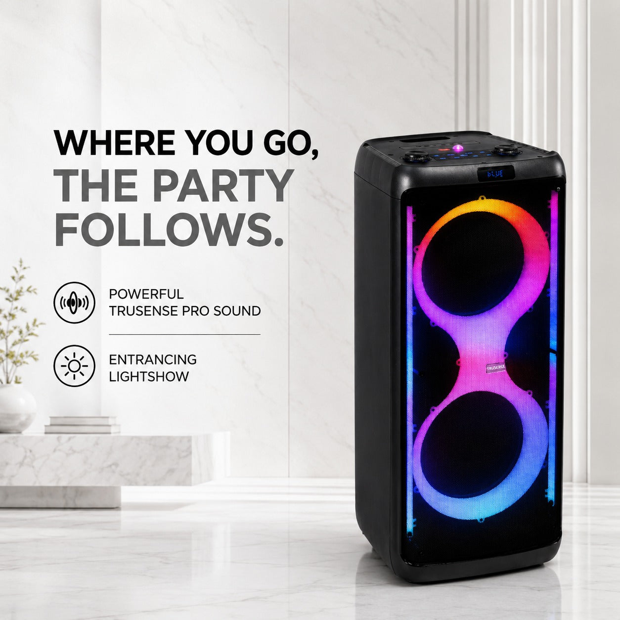 TruSense PS120 Party Speaker 120W Trolley Speaker with Mic, Guitar Input & Beat-Sync Lightshow
