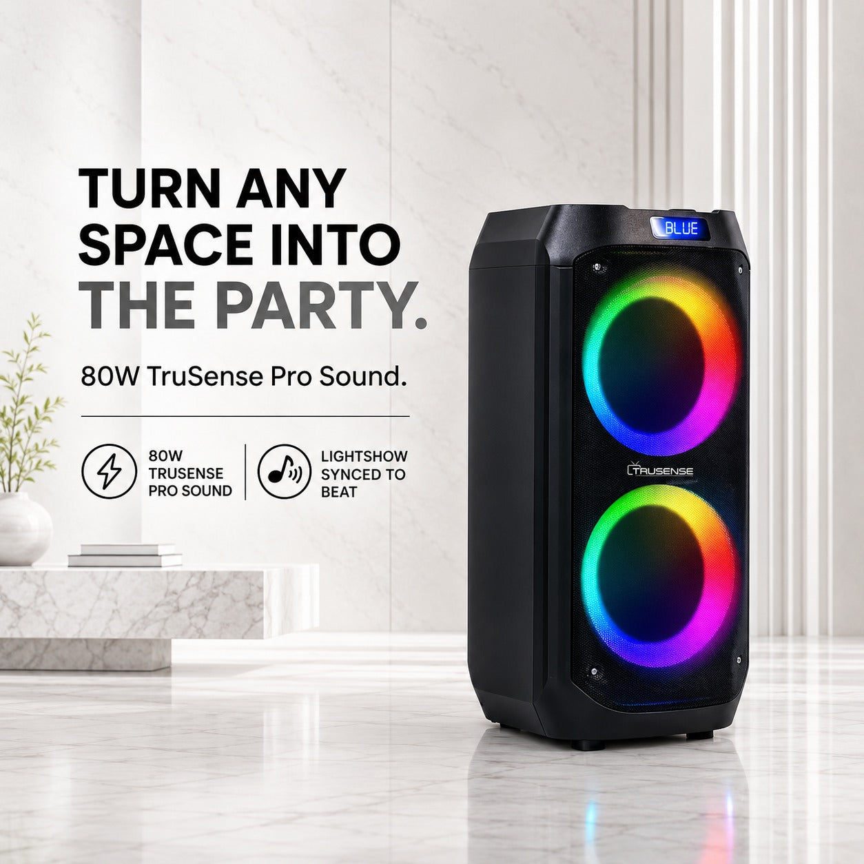 TruSense PS80 Party Speaker 80W Bluetooth with Beat Sync Lights