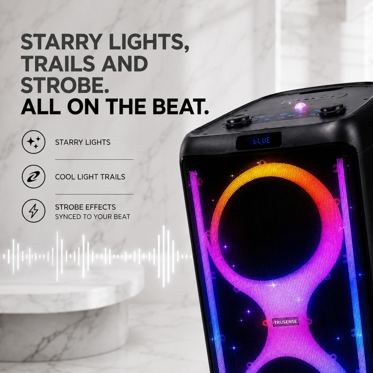 TruSense PS120 Party Speaker 120W Trolley Speaker with Mic, Guitar Input & Beat-Sync Lightshow