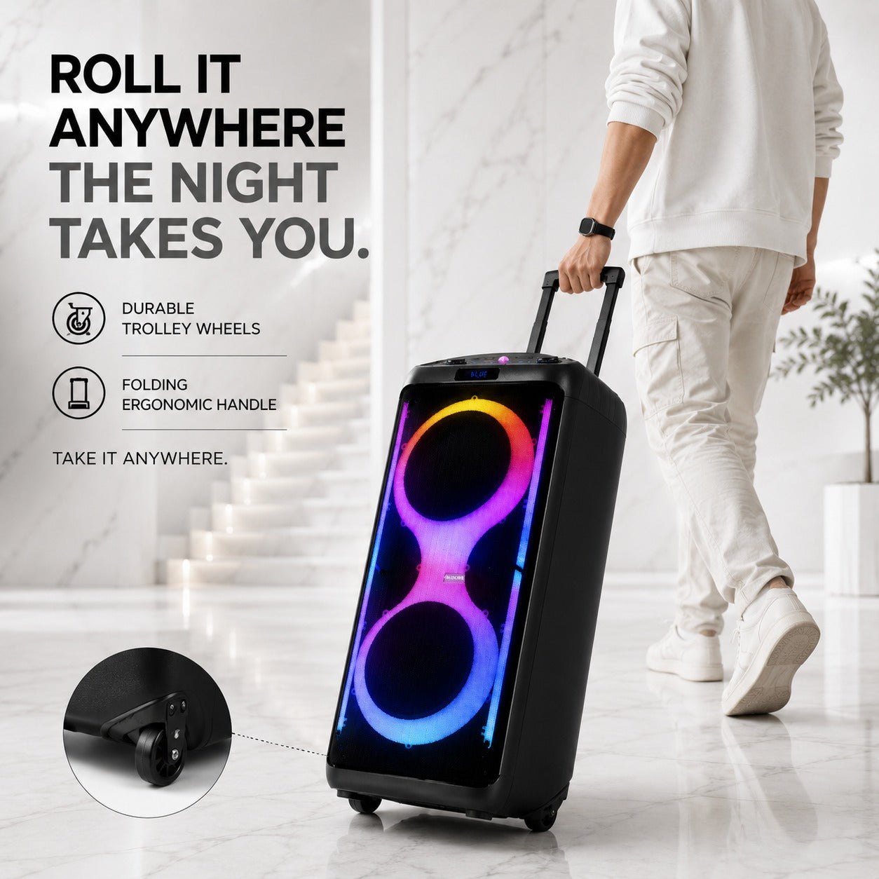 TruSense PS120 Party Speaker 120W Trolley Speaker with Mic, Guitar Input & Beat-Sync Lightshow