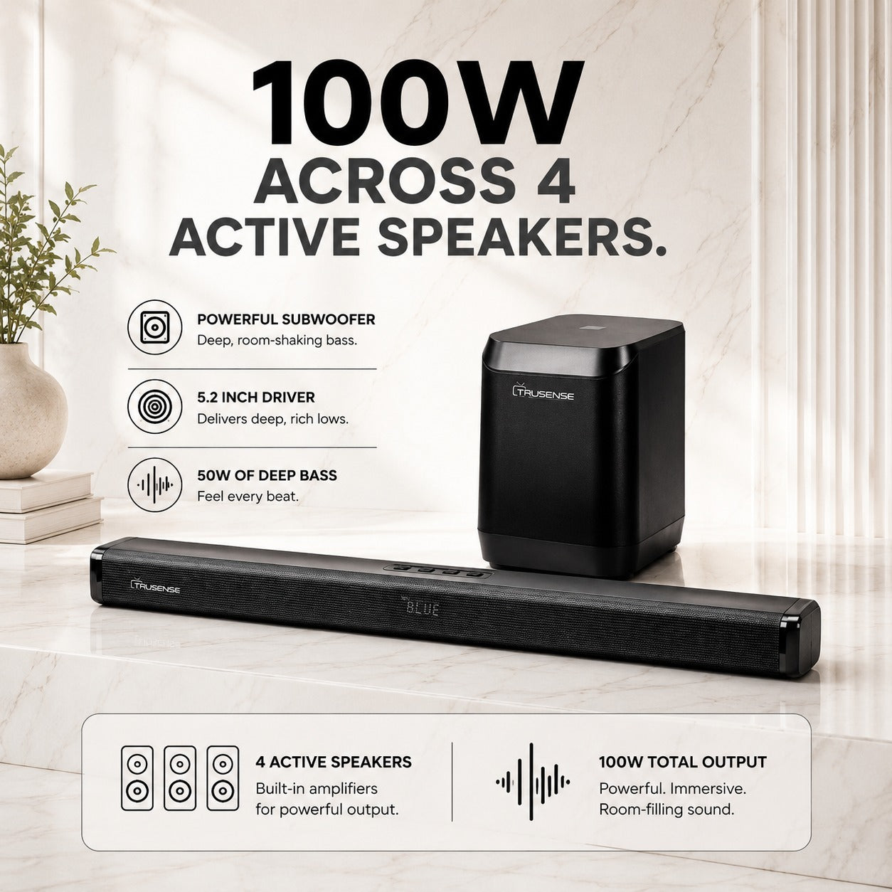 TruSense TS BT 500W TV Soundbar Cinematic Home Theatre with Wireless Subwoofer & Bluetooth 5.0