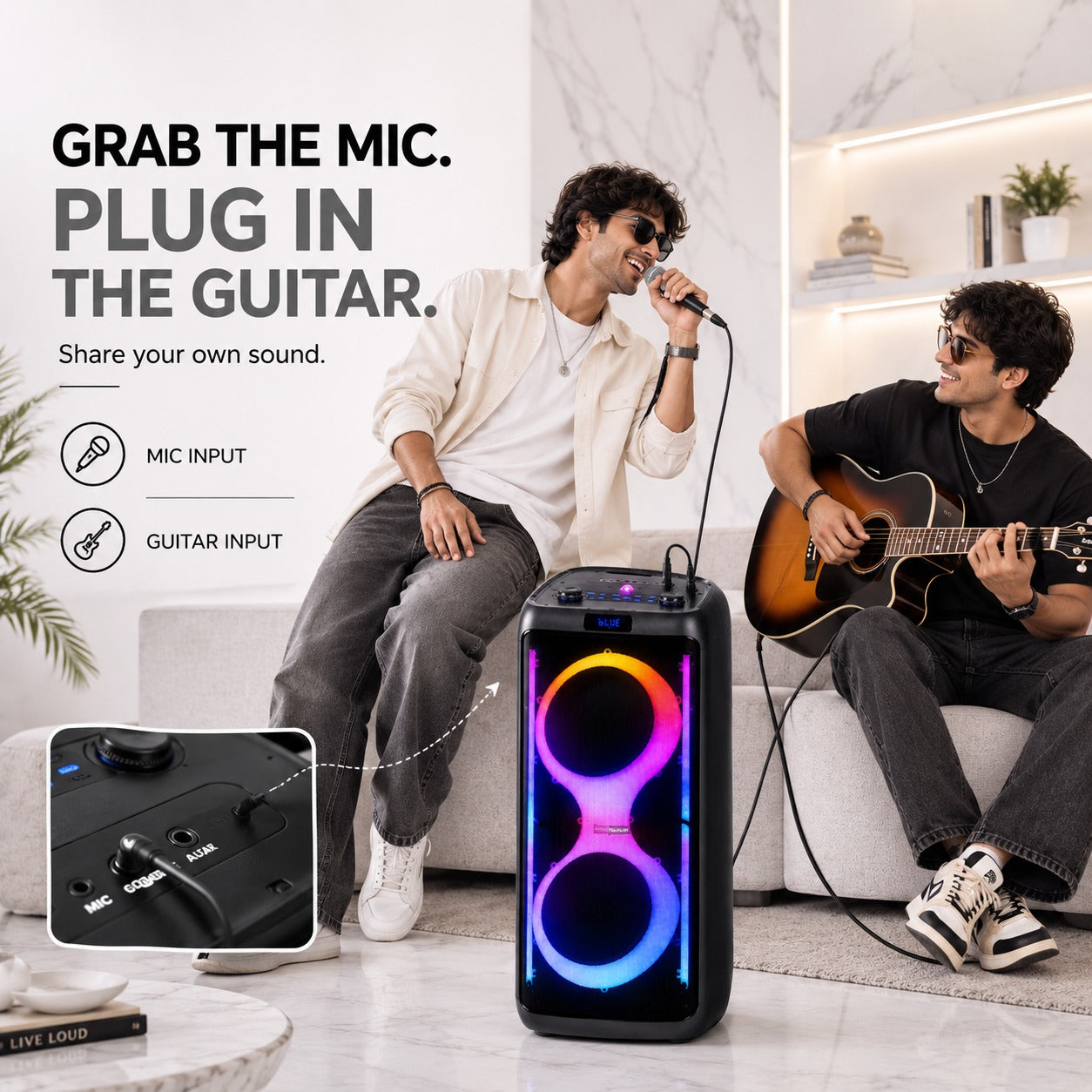 TruSense PS120 Party Speaker 120W Trolley Speaker with Mic, Guitar Input & Beat-Sync Lightshow