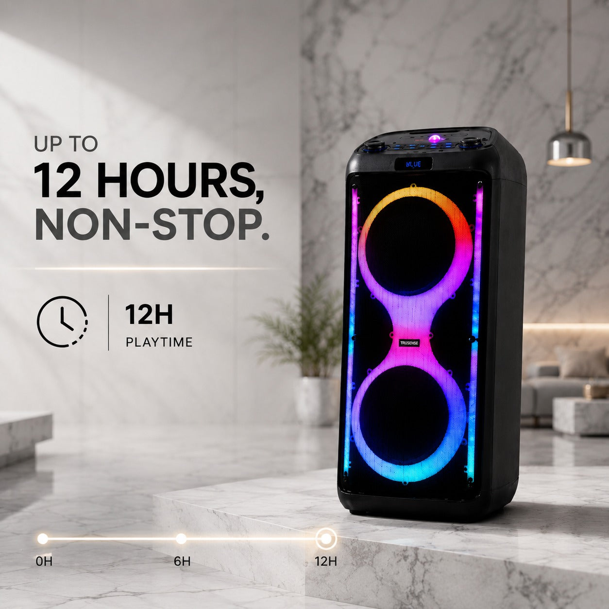 TruSense PS120 Party Speaker 120W Trolley Speaker with Mic, Guitar Input & Beat-Sync Lightshow