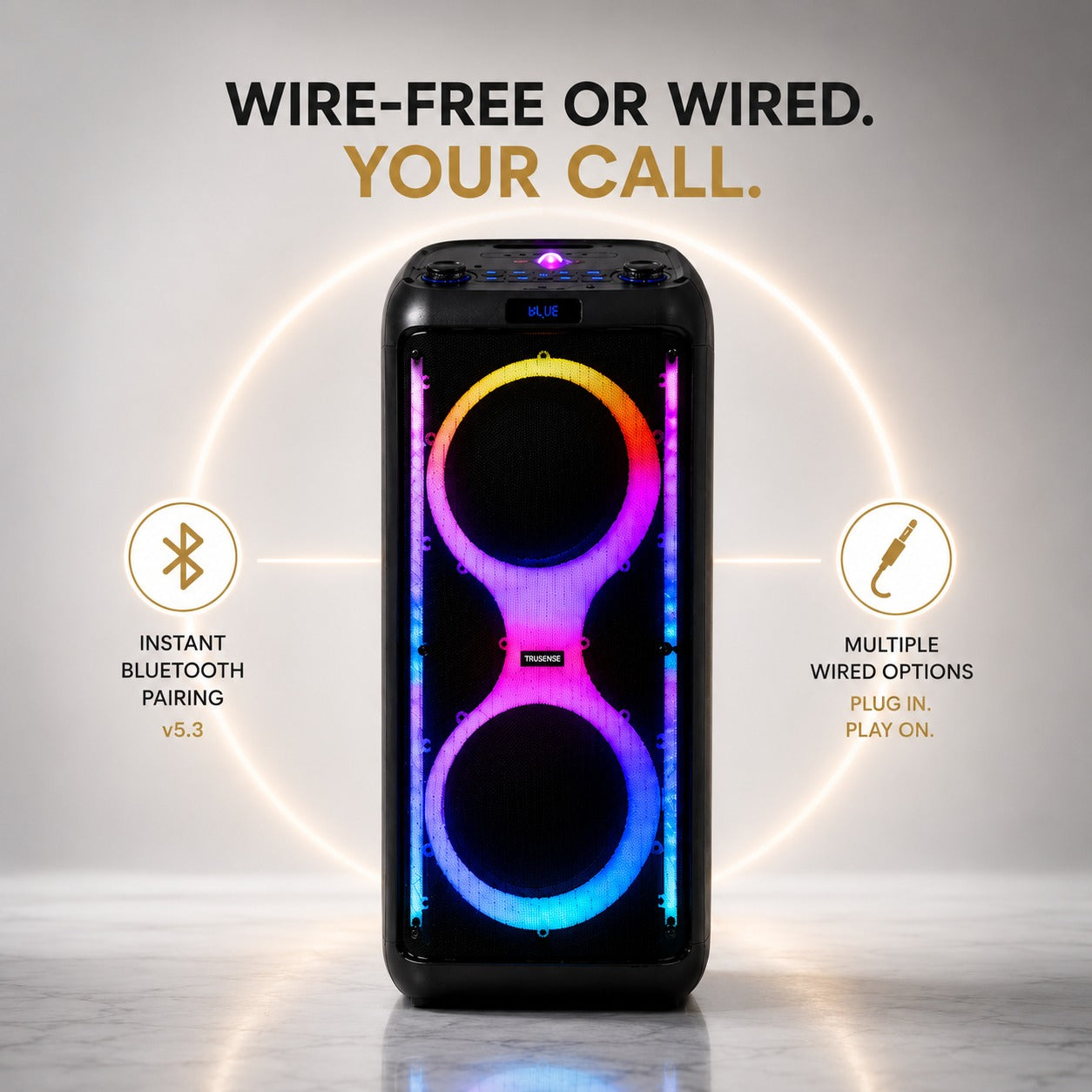 TruSense PS120 Party Speaker 120W Trolley Speaker with Mic, Guitar Input & Beat-Sync Lightshow